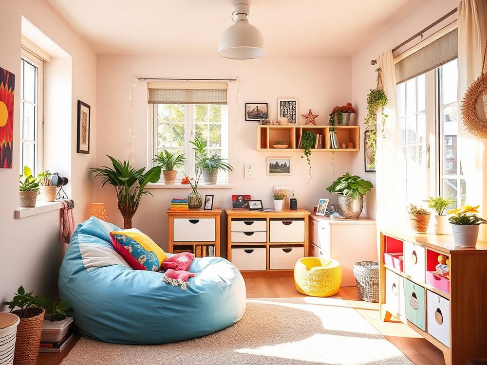 Bright bean chair in a colourful bedroom